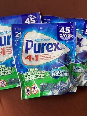 Powerful Purex 4-in-1 laundry detergent pacs bundle 21 pacs each=63 pacs